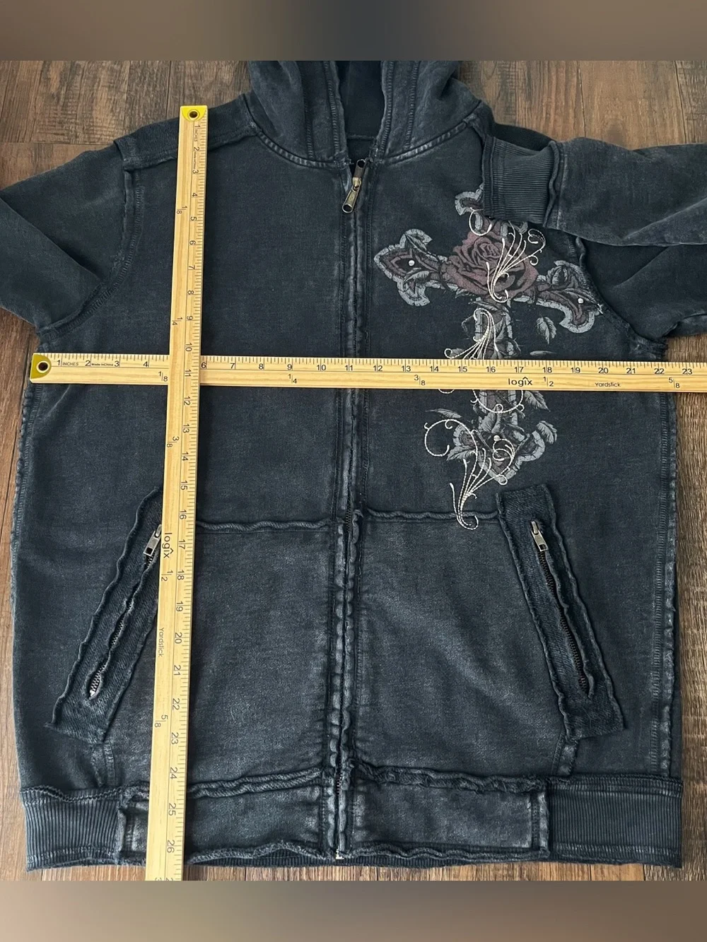 Affliction Zip Up Hoodie Sweatshirt Cross Skull Embroidery Size Small Gray Black